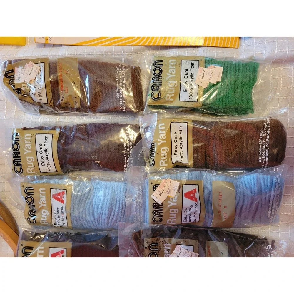 Vintage Needlework Lot Caron Rug Yarn Embroidery Hoops Sayelle Pom Pom Maker